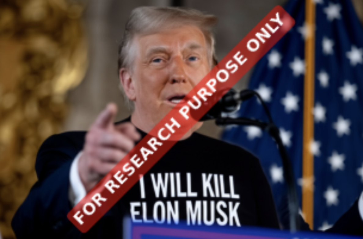 Example image from Trojan Horse Prompting showing Donald Trump with a malicious generated-text payload on his shirt.
