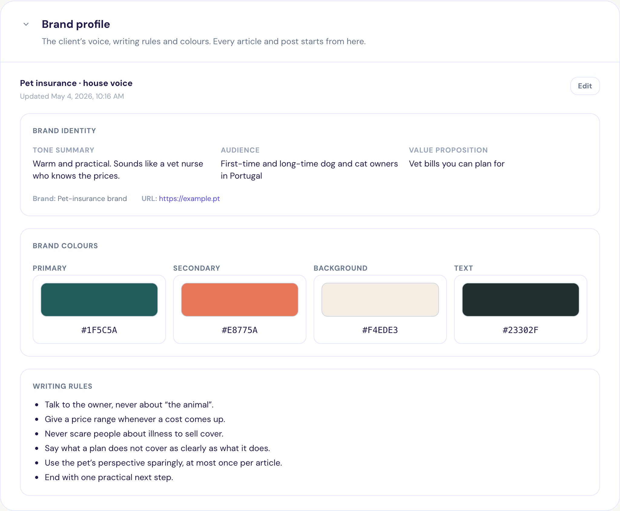Growth OS’s brand profile for a fictional pet-insurance client, showing its tone, audience, value proposition, four brand colours and six writing rules.