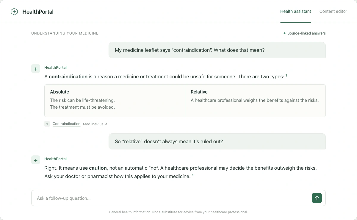 HealthPortal assistant explaining medical language, with a source reference and a follow-up question.