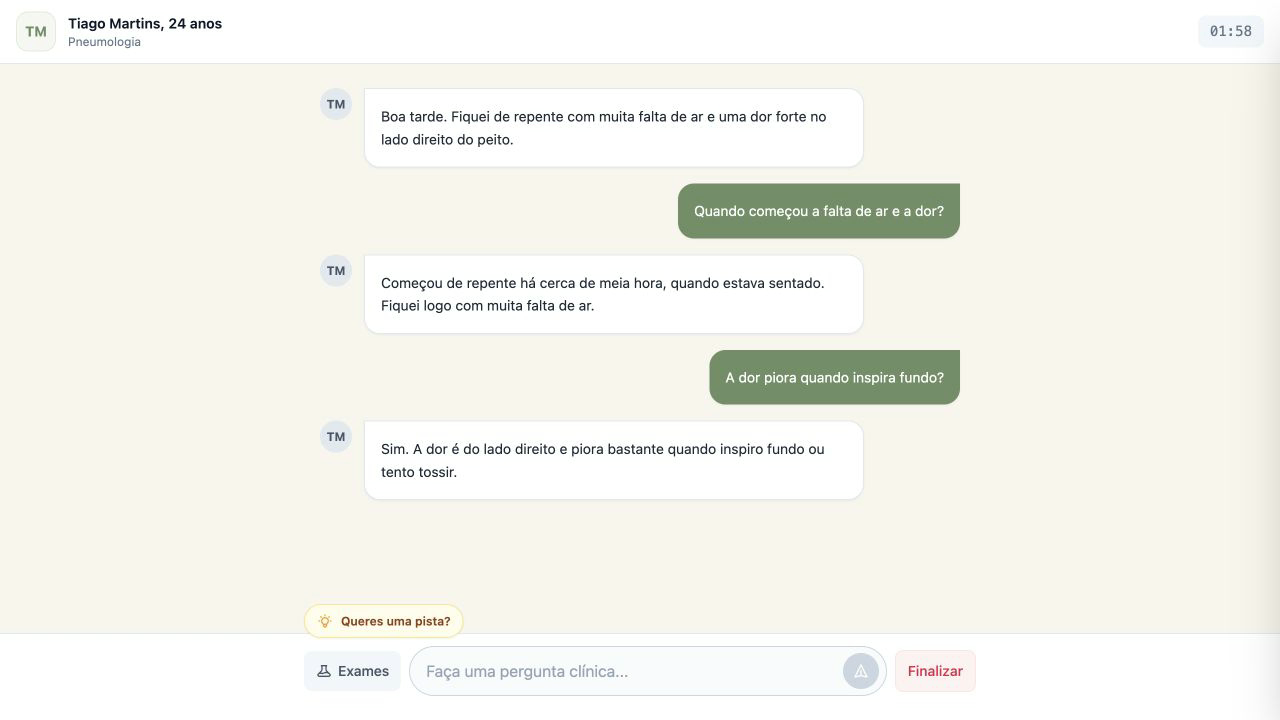 OSCE study patient interview in European Portuguese, with a simulated patient, follow-up questions and a station timer.