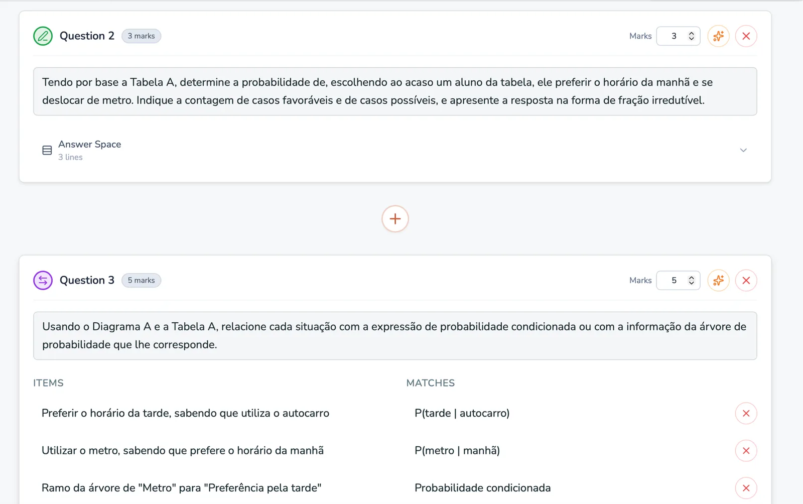 TeacherZero worksheet editor showing editable question text, mark fields, and per-question AI refine controls